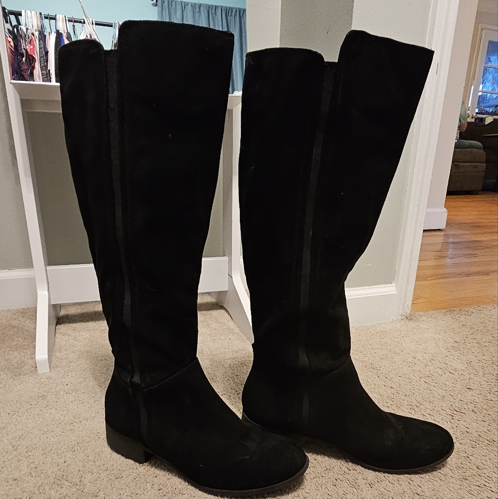 Tall black faux suede boots